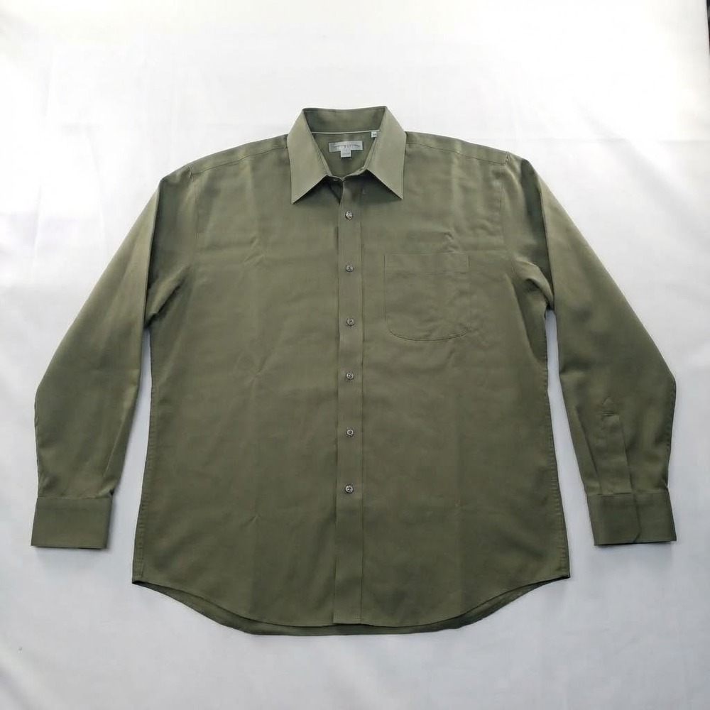 Cutter & Buck Mens Large Olive Green Herringbone Mercedes Benz Button Down Shirt